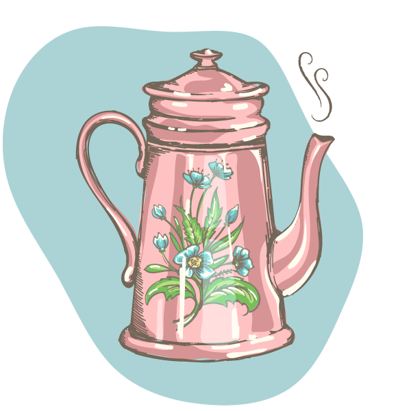 Hand-drawn tea kettle with an elegant floral design.