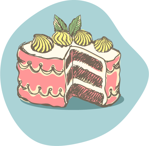 Three tiered cake decorated with piped drops, mint leaves, and curtain drape designs on the side.