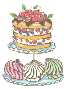 Two tiered afternoon tea food tray with a berry and cream dessert and meringue swirls on the bottom.