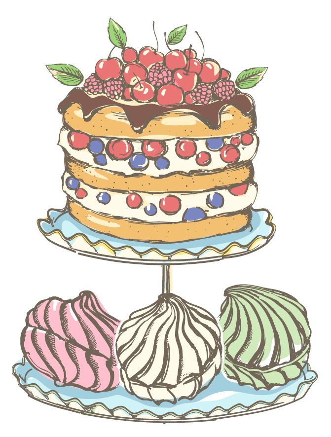 Two tiered afternoon tea food tray with a berry and cream dessert and meringue swirls on the bottom.
