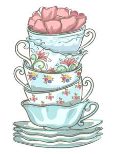 Stack of teacups with a flower on top