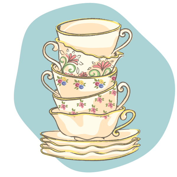 Tea cups with different styles and patterns stacked vertically.