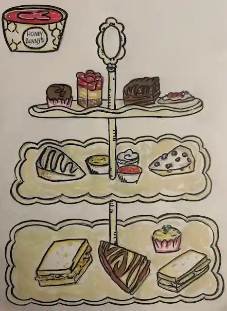 Drawing of a 3 tier pastry stand with an assortment of desserts