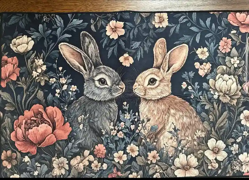 Framed stitch work of two bunnies facing each other surrounded by flowers