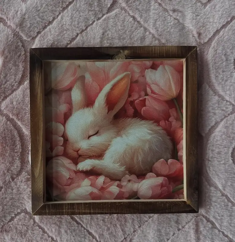 Framed painting of a white bunny sleeping on a pile of pink rose pedals