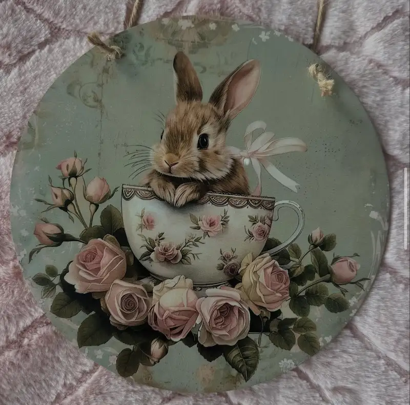 Round painting of a bunny sitting in a teacup with pink flowers